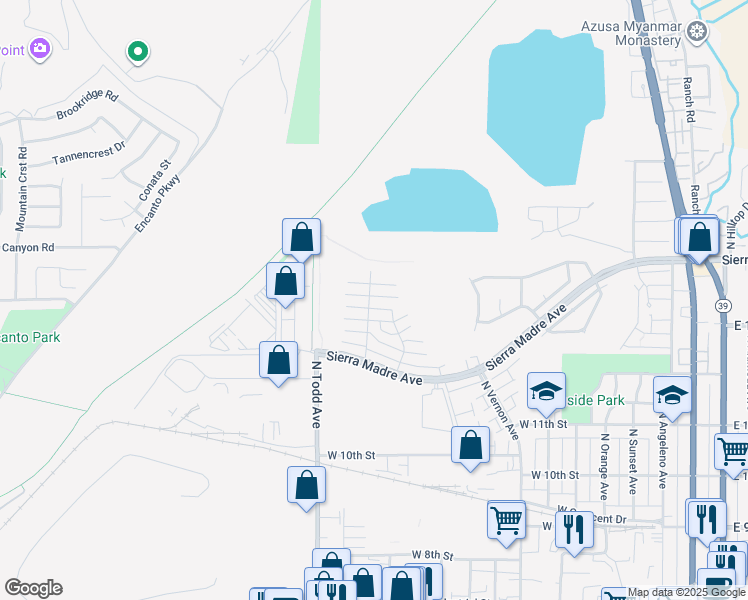 map of restaurants, bars, coffee shops, grocery stores, and more near 1087 West Calle De Las Estrellas in Azusa