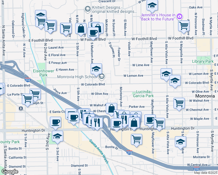 map of restaurants, bars, coffee shops, grocery stores, and more near 777 West Colorado Boulevard in Monrovia