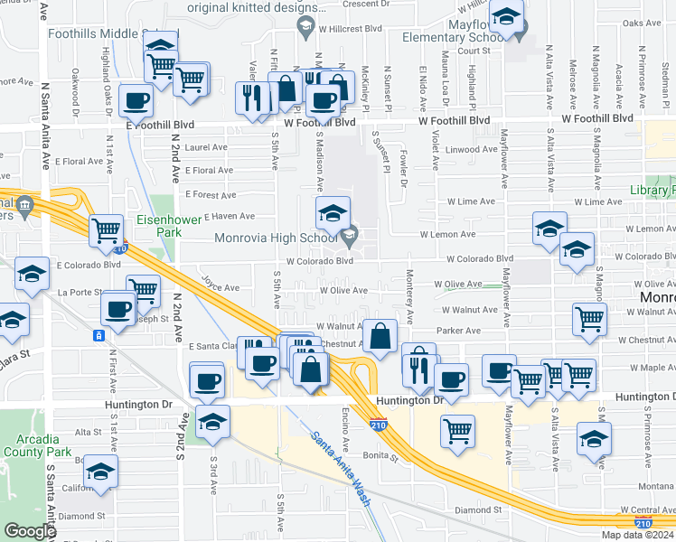 map of restaurants, bars, coffee shops, grocery stores, and more near 845 West Colorado Boulevard in Monrovia