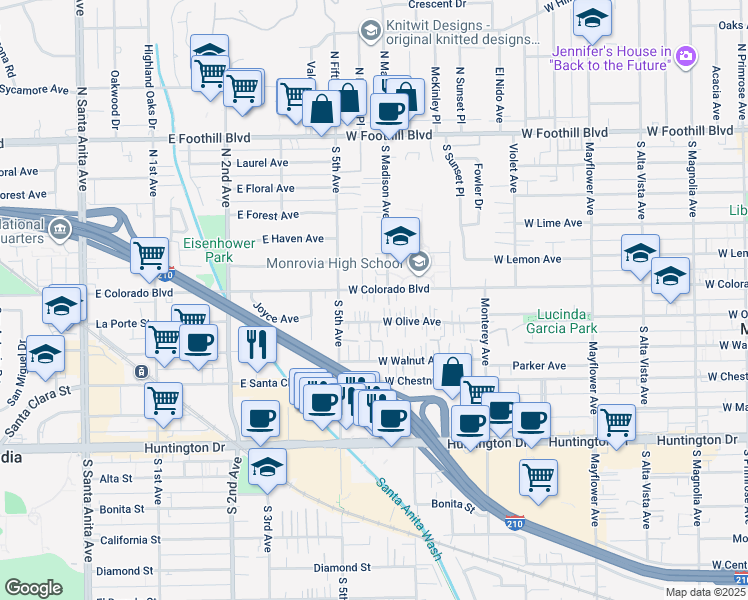 map of restaurants, bars, coffee shops, grocery stores, and more near 521 South Madison Avenue in Monrovia