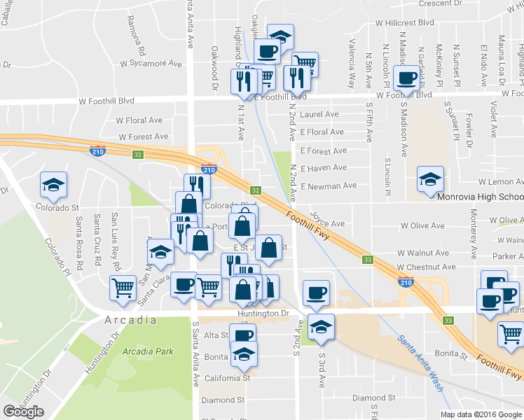 map of restaurants, bars, coffee shops, grocery stores, and more near 109 East Colorado Boulevard in Arcadia