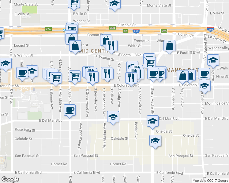 map of restaurants, bars, coffee shops, grocery stores, and more near 2112 East Colorado Boulevard in Pasadena