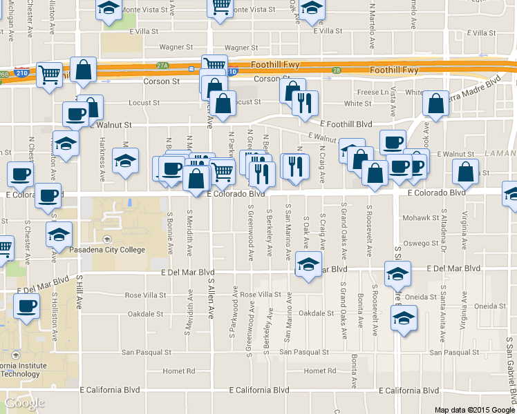 map of restaurants, bars, coffee shops, grocery stores, and more near 1936 East Colorado Boulevard in Pasadena