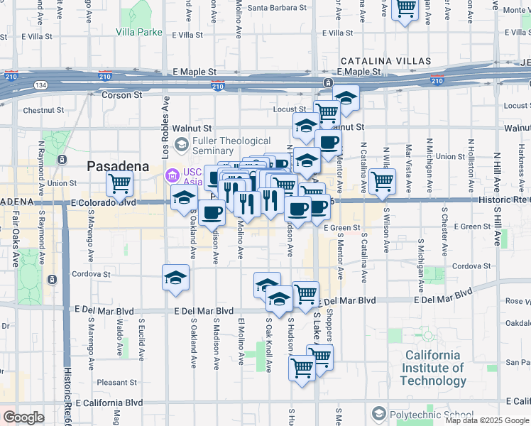 map of restaurants, bars, coffee shops, grocery stores, and more near in Pasadena