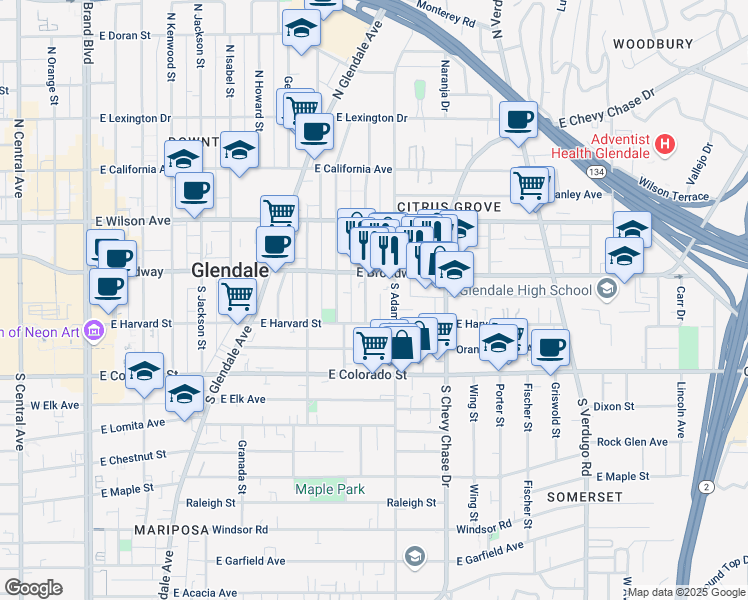 map of restaurants, bars, coffee shops, grocery stores, and more near 99 North Adams Street in Glendale