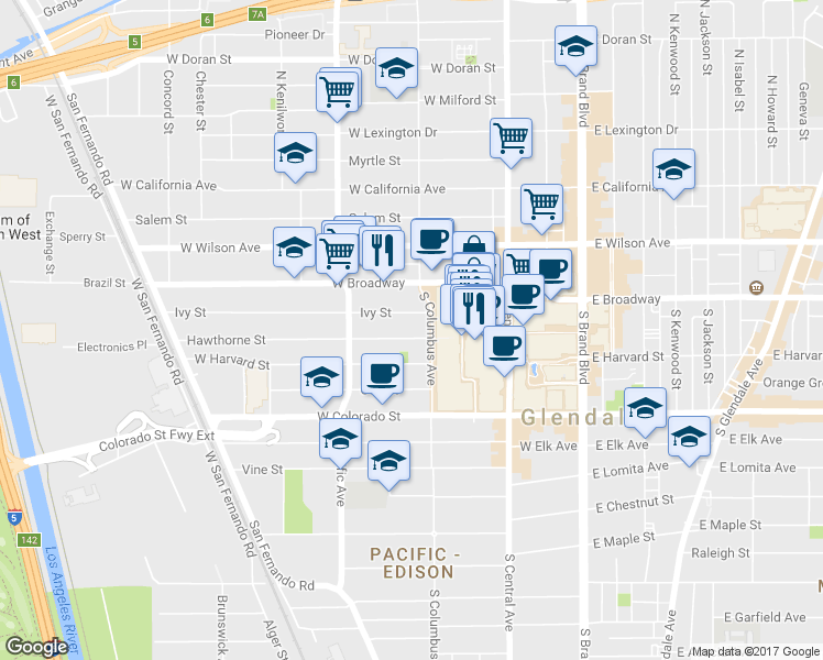 map of restaurants, bars, coffee shops, grocery stores, and more near 405 Ivy Street in Glendale