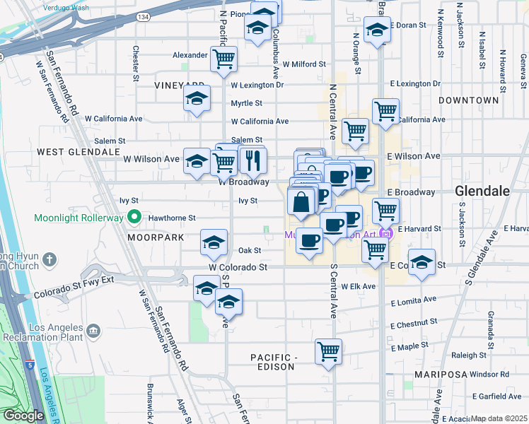 map of restaurants, bars, coffee shops, grocery stores, and more near 405 Ivy Street in Glendale