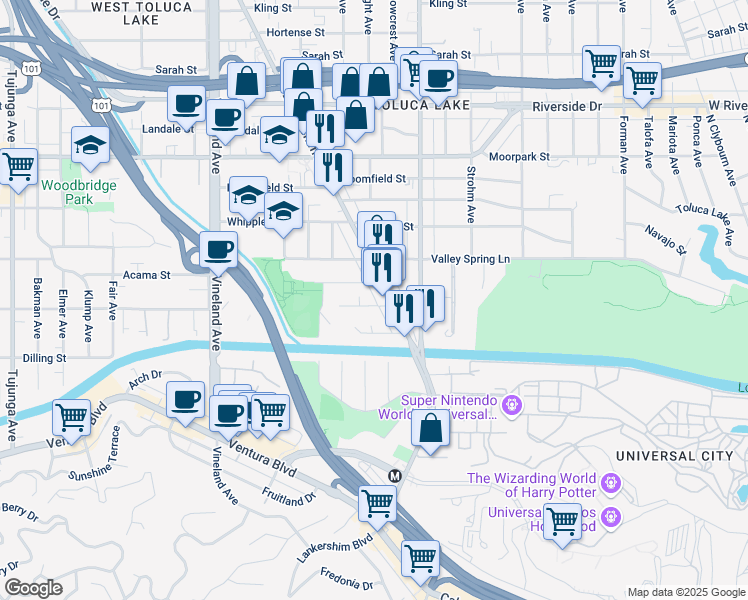 map of restaurants, bars, coffee shops, grocery stores, and more near 10721 Acama Street in Los Angeles