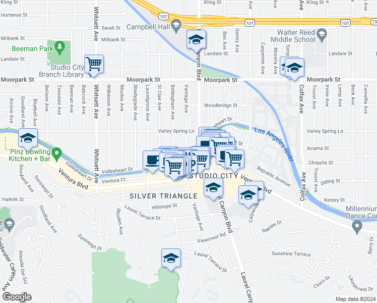 map of restaurants, bars, coffee shops, grocery stores, and more near 4143 Vantage Avenue in Los Angeles