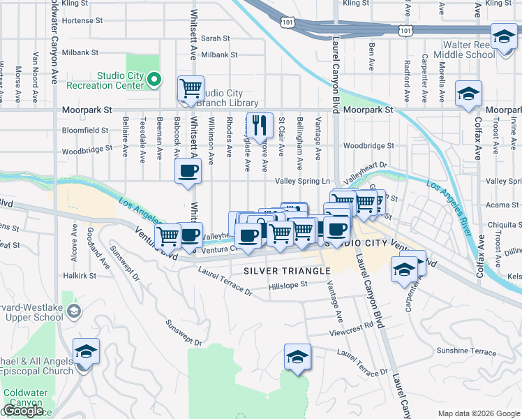 map of restaurants, bars, coffee shops, grocery stores, and more near 4139 Laurelgrove Avenue in Los Angeles