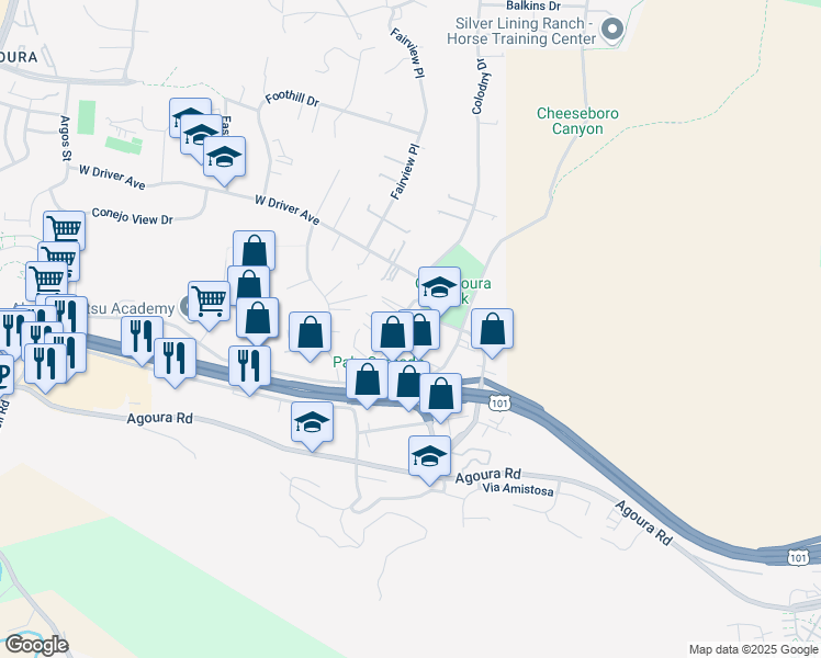 map of restaurants, bars, coffee shops, grocery stores, and more near 5321 Colodny Drive in Agoura Hills