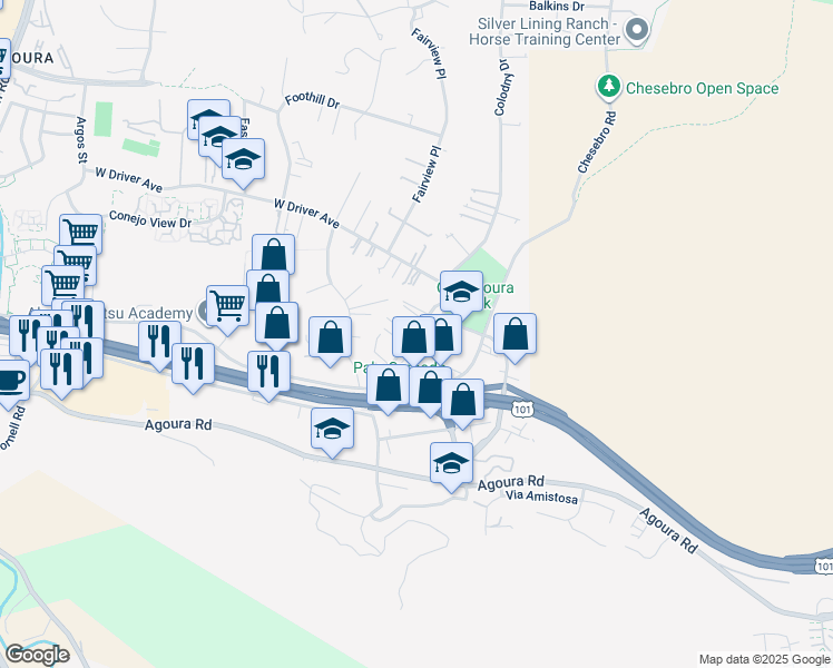 map of restaurants, bars, coffee shops, grocery stores, and more near 5321 Colodny Drive in Agoura Hills