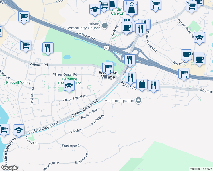 map of restaurants, bars, coffee shops, grocery stores, and more near in Westlake Village