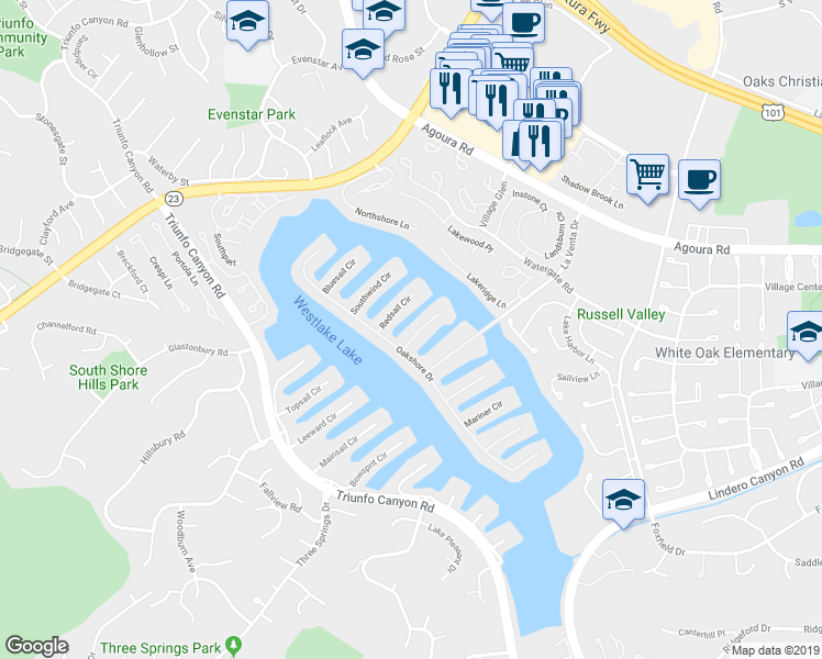 map of restaurants, bars, coffee shops, grocery stores, and more near 1433 Eastwind Circle in Westlake Village
