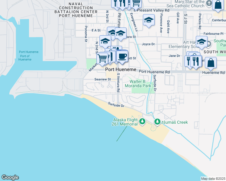 map of restaurants, bars, coffee shops, grocery stores, and more near in Port Hueneme