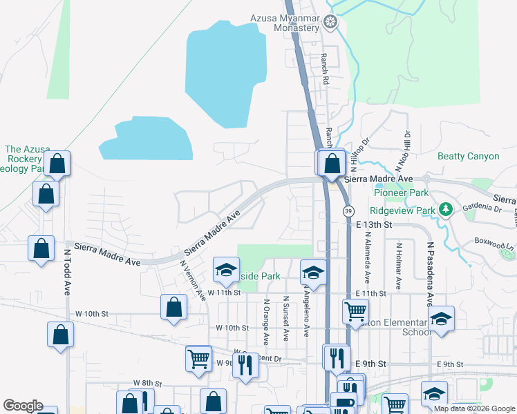 map of restaurants, bars, coffee shops, grocery stores, and more near 525 North Laurel Valley Drive in Azusa