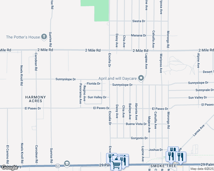 map of restaurants, bars, coffee shops, grocery stores, and more near 71665 Florida Court in Twentynine Palms