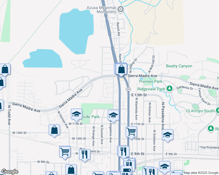 map of restaurants, bars, coffee shops, grocery stores, and more near 338 West Indian Dunes Lane in Azusa
