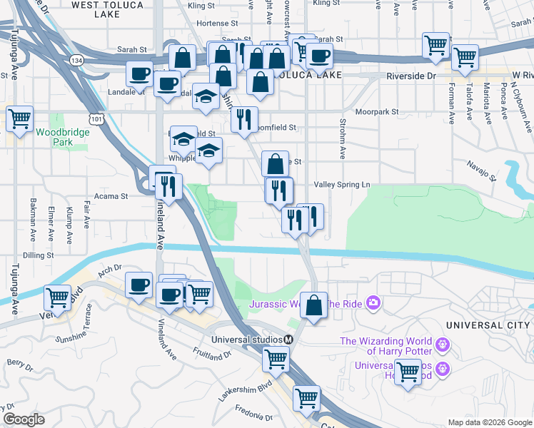 map of restaurants, bars, coffee shops, grocery stores, and more near 10729 Aqua Vista Street in Los Angeles