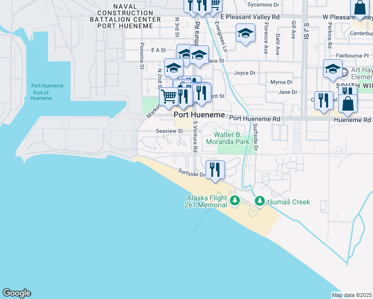 map of restaurants, bars, coffee shops, grocery stores, and more near 251 South Ventura Road in Port Hueneme