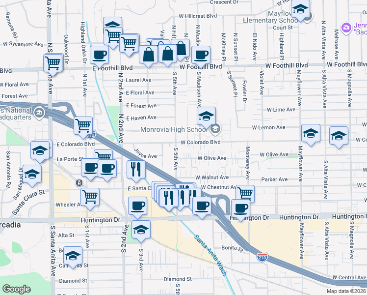 map of restaurants, bars, coffee shops, grocery stores, and more near 924 West Colorado Boulevard in Monrovia