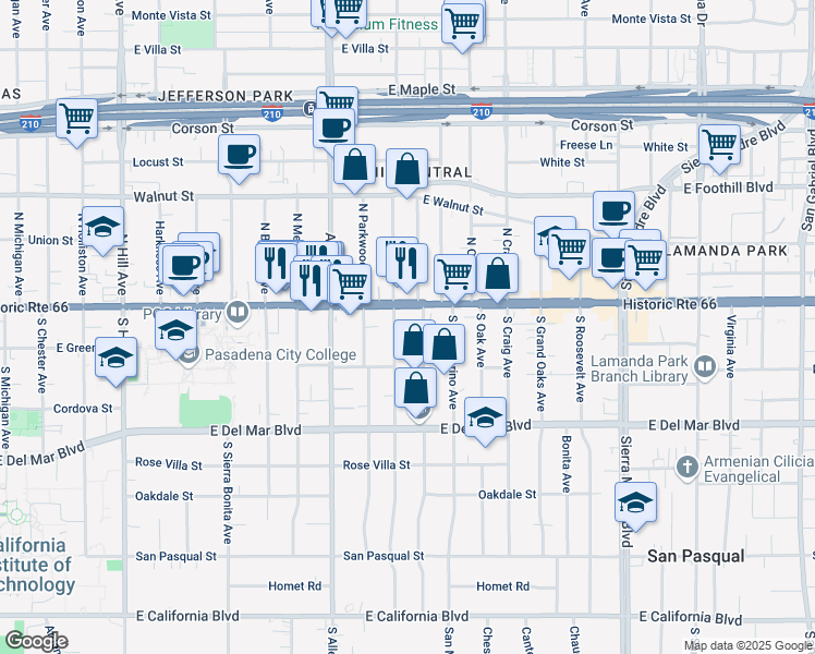 map of restaurants, bars, coffee shops, grocery stores, and more near 1936 East Colorado Boulevard in Pasadena