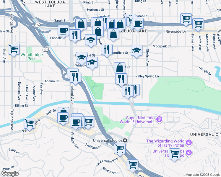 map of restaurants, bars, coffee shops, grocery stores, and more near 10755 Aqua Vista Street in Los Angeles