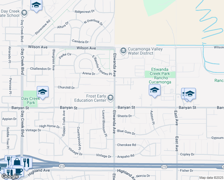 map of restaurants, bars, coffee shops, grocery stores, and more near 5992 Etiwanda Avenue in Rancho Cucamonga