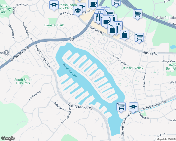 map of restaurants, bars, coffee shops, grocery stores, and more near 1433 Eastwind Circle in Westlake Village