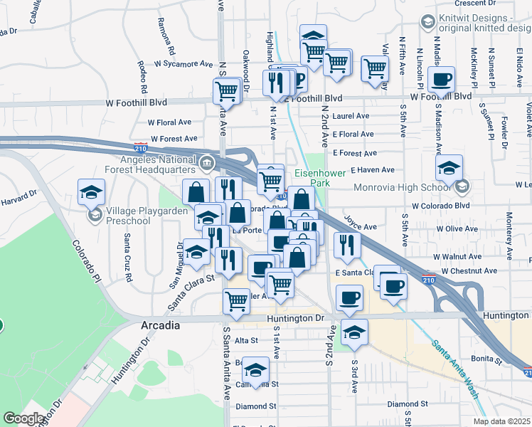 map of restaurants, bars, coffee shops, grocery stores, and more near 433 North 1st Avenue in Arcadia