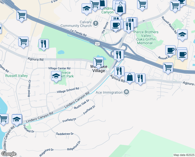 map of restaurants, bars, coffee shops, grocery stores, and more near in Westlake Village