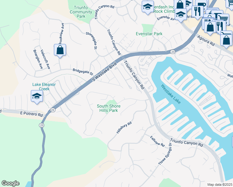 map of restaurants, bars, coffee shops, grocery stores, and more near 1461 Flinton Court in Westlake Village