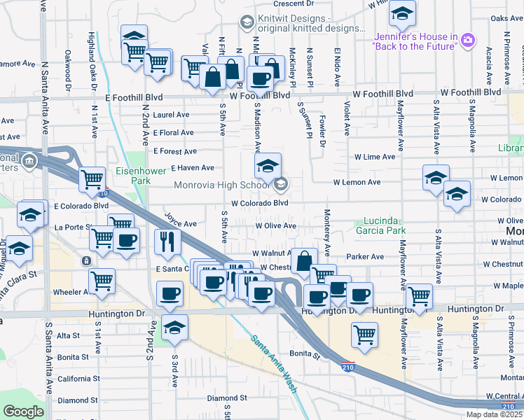 map of restaurants, bars, coffee shops, grocery stores, and more near 870 West Colorado Boulevard in Monrovia