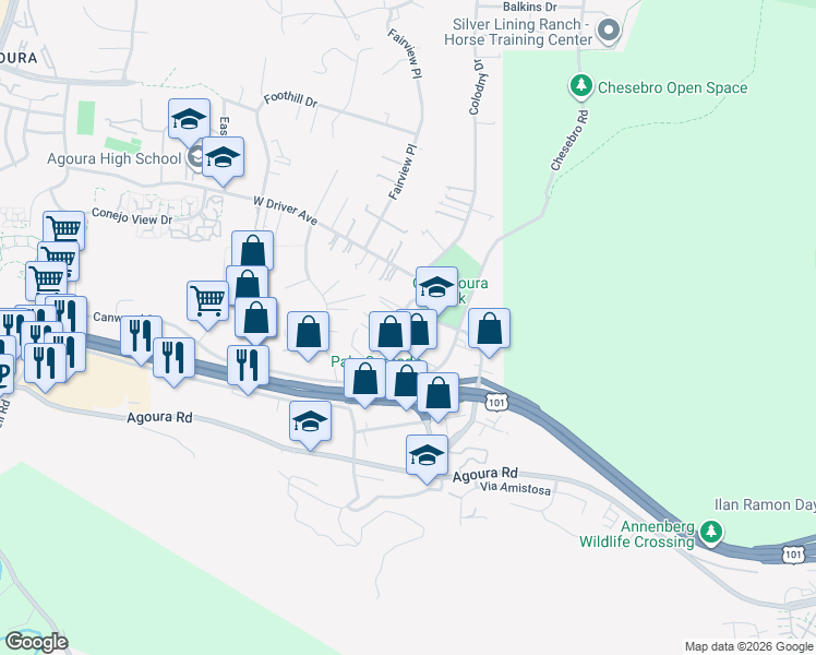 map of restaurants, bars, coffee shops, grocery stores, and more near 5322 Colodny Drive in Agoura Hills