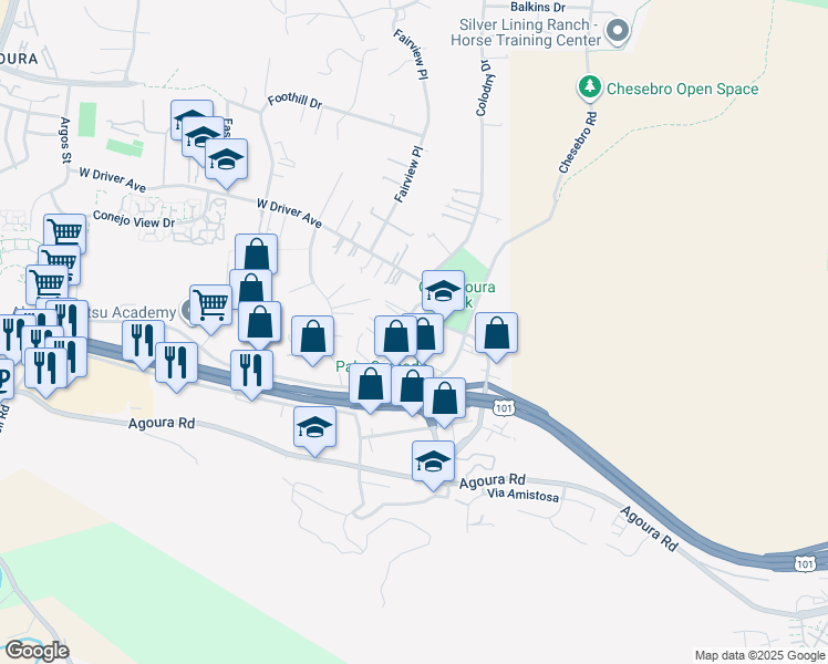 map of restaurants, bars, coffee shops, grocery stores, and more near 5320 Colodny Drive in Agoura Hills