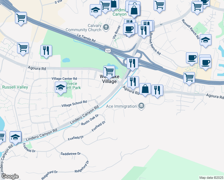 map of restaurants, bars, coffee shops, grocery stores, and more near 31535 Lindero Canyon Road in Westlake Village
