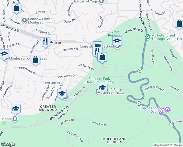 map of restaurants, bars, coffee shops, grocery stores, and more near 22315 De Kalb Drive in Calabasas