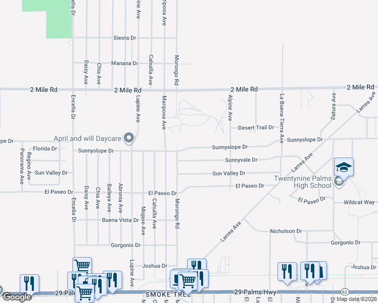 map of restaurants, bars, coffee shops, grocery stores, and more near 72166 Sunnyslope Drive in Twentynine Palms