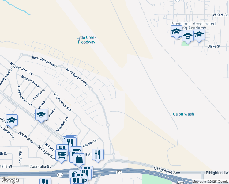 map of restaurants, bars, coffee shops, grocery stores, and more near 2394 Crater Avenue in Rialto