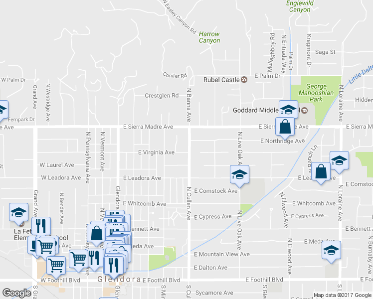 map of restaurants, bars, coffee shops, grocery stores, and more near 465 East Virginia Avenue in Glendora