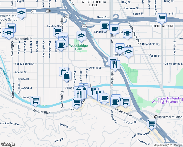map of restaurants, bars, coffee shops, grocery stores, and more near 11168 Acama Street in Los Angeles