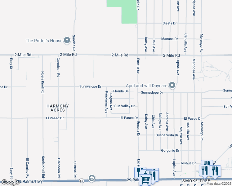 map of restaurants, bars, coffee shops, grocery stores, and more near 71527 Florida Drive in Twentynine Palms