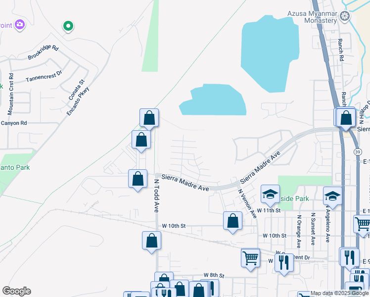 map of restaurants, bars, coffee shops, grocery stores, and more near 1073 West Calle De la Luna in Azusa