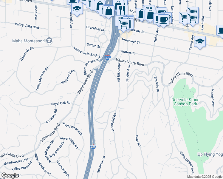 map of restaurants, bars, coffee shops, grocery stores, and more near 4050 Deerhorn Drive in Los Angeles
