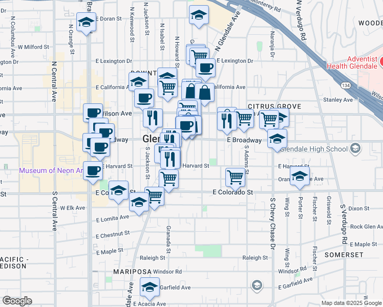 map of restaurants, bars, coffee shops, grocery stores, and more near 126 Franklin Court in Glendale