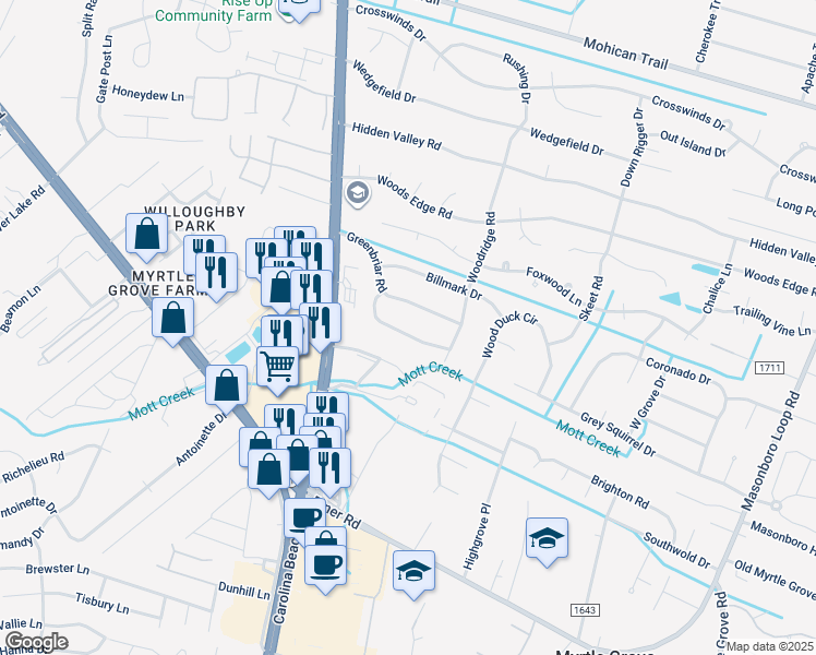 map of restaurants, bars, coffee shops, grocery stores, and more near 818 Pine Forest Road in Wilmington