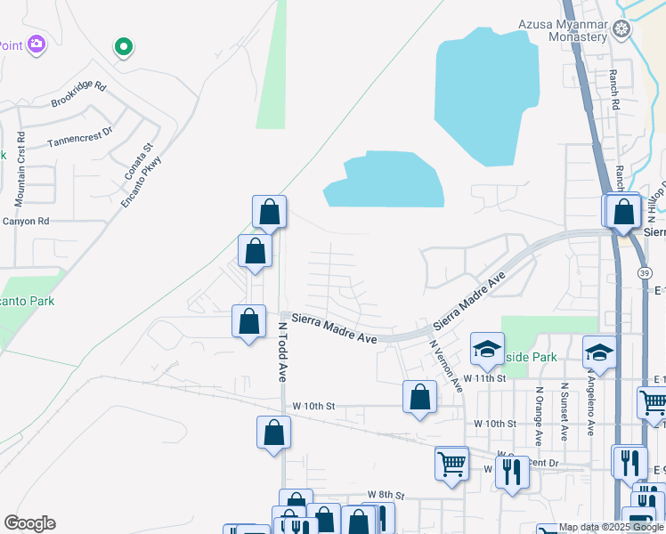 map of restaurants, bars, coffee shops, grocery stores, and more near 1087 West Calle De Las Estrellas in Azusa