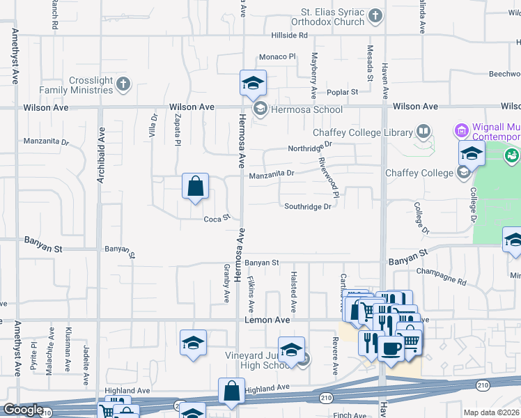 map of restaurants, bars, coffee shops, grocery stores, and more near 10153 Thorpe Court in Rancho Cucamonga
