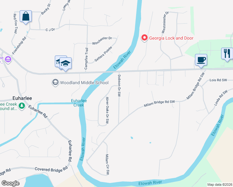 map of restaurants, bars, coffee shops, grocery stores, and more near 50 Dobson Drive Southwest in Cartersville