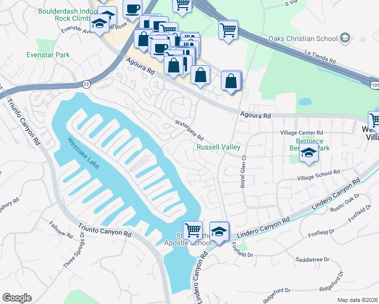 map of restaurants, bars, coffee shops, grocery stores, and more near 32141 Lake Meadow Lane in Westlake Village